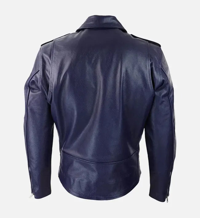 runway blue leather biker jacket for men