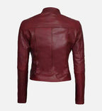 slim fit biker maroon leather jacket for women
