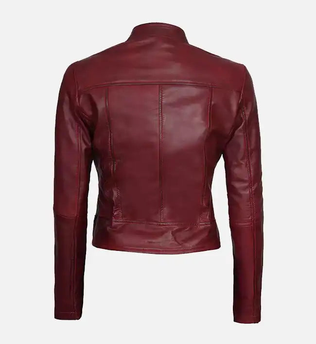 slim fit biker maroon leather jacket for women
