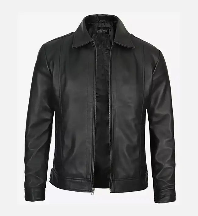 slim fit black leather jacket for men