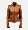 women brown leather jacket slim fit
