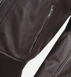 snap double button collar brown leather bomber jacket for men

