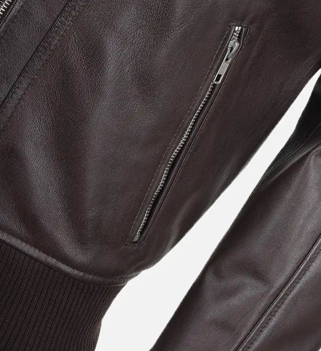 snap double button collar brown leather bomber jacket for men
