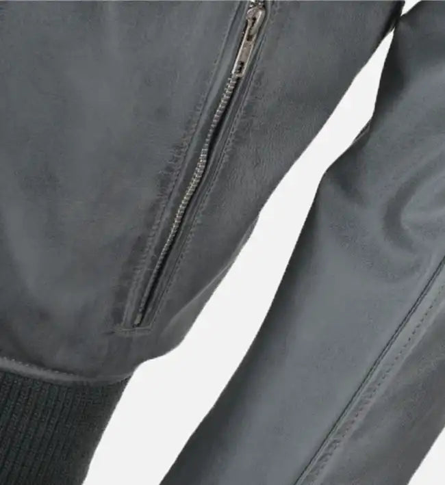 snap double button collar grey leather bomber jacket for men
