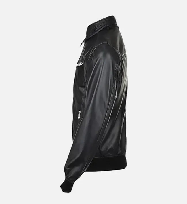 snap double button collar black leather bomber jacket for men
