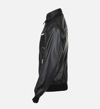 snap double button collar black leather bomber jacket for men
