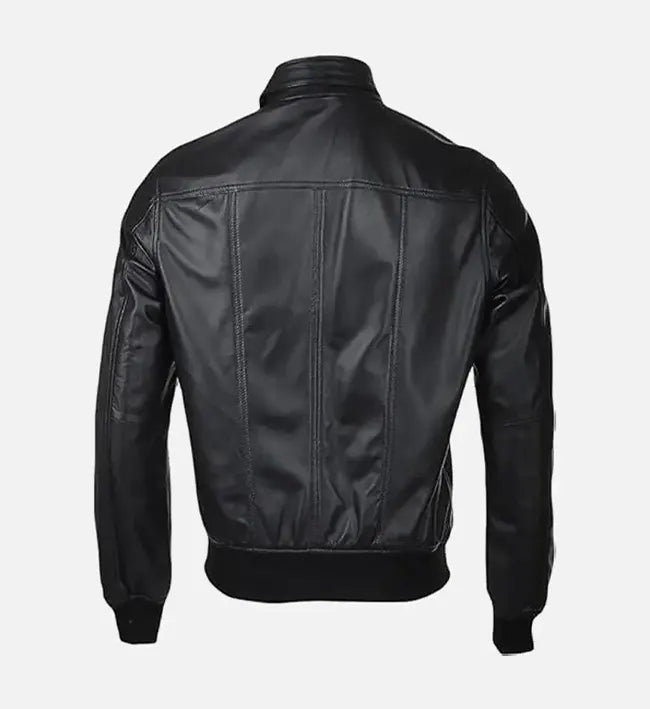 snap double button collar black leather bomber jacket for men

