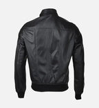 snap double button collar black leather bomber jacket for men
