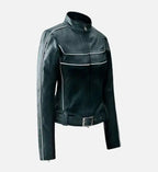 womens biker jacket in soft prussian blue
