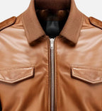 strap pocket brown bomber leather jacket for men