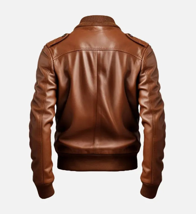 strap pocket style brown leather bomber jacket for men