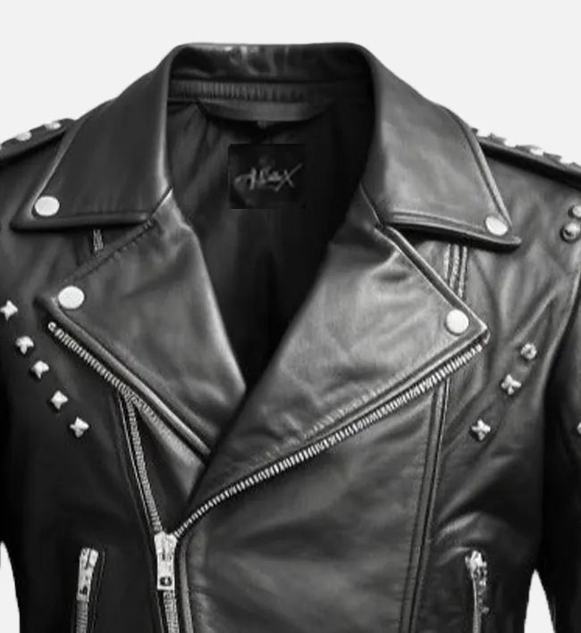 studded black biker leather jacket for men