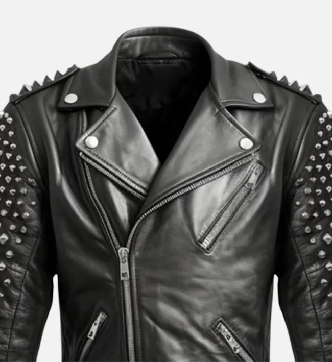 stylish black studded biker leather jacket for men
