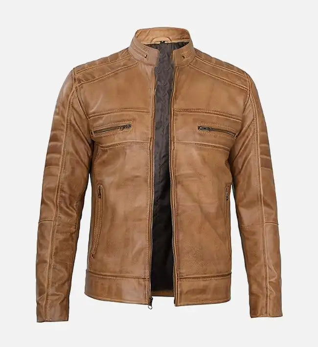 rust brown tan leather biker jacket for men
