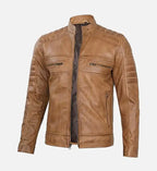 tan rust brown leather biker jacket for men

