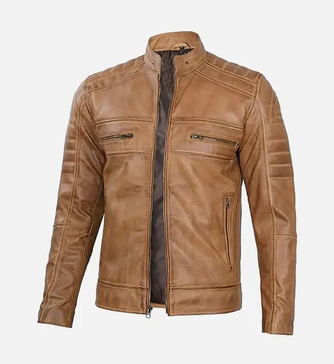 tan rust brown leather biker jacket for men
