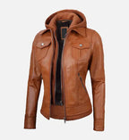 tan wax leather jacket for women with detachable hood
