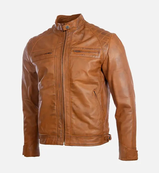 tan brown cafe racer quilted shoulder leather jacket for men
