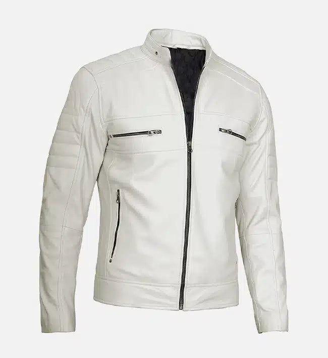 white leather cafe racer jacket for men