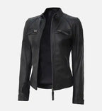 women cafe racer black quilted leather jacket
