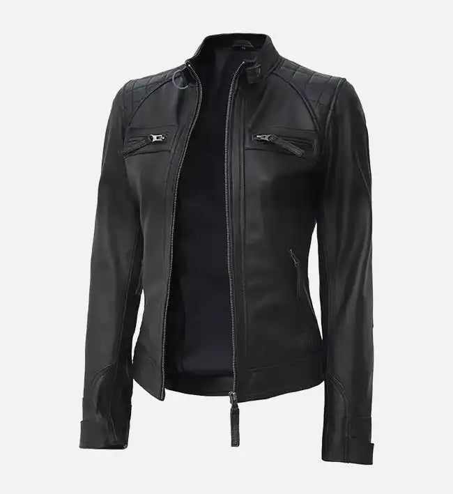 women cafe racer black quilted leather jacket
