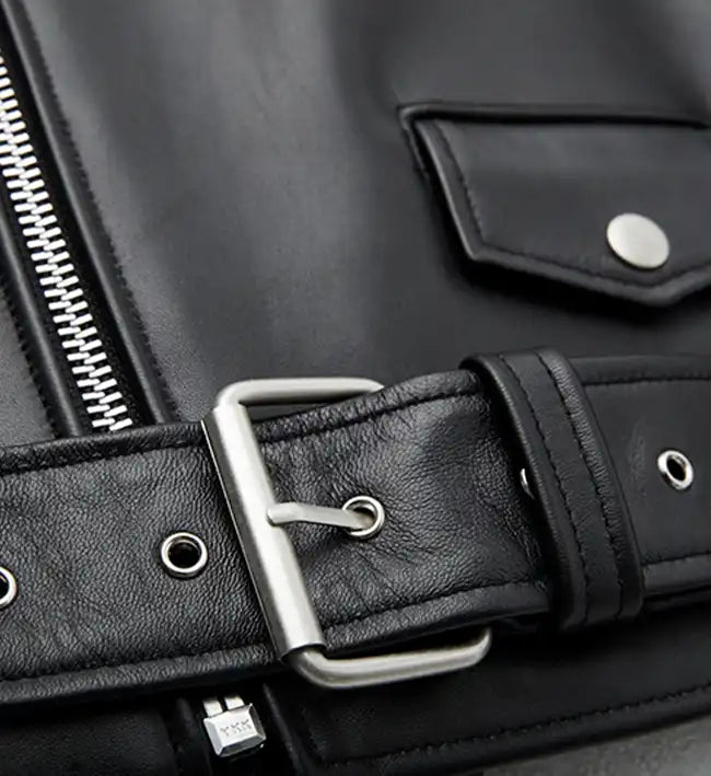 women classic black belted biker leather jacket
