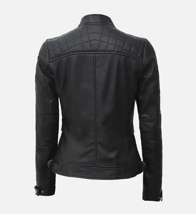 women leather black quilted cafe racer jacket
