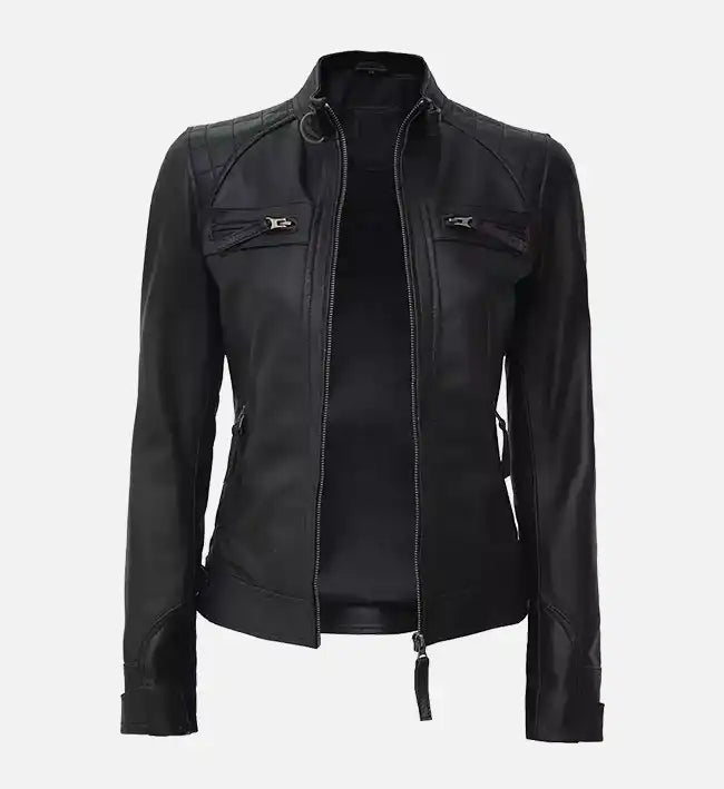 women quilted black cafe racer leather jacket
