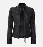 women quilted black cafe racer leather jacket
