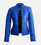 women stylish blue quilted leather jacket
