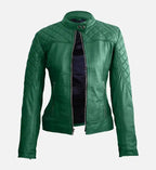 women premium stylish green quilted leather jacket
