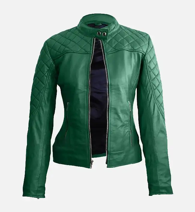 women premium stylish green quilted leather jacket
