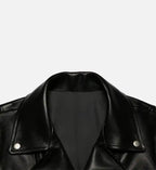 women minimal black leather biker jacket