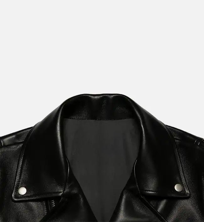 women minimal black leather biker jacket