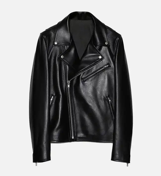 women mininmal black biker leather jacket
