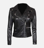 womens asymmetrical black leather biker jacket
