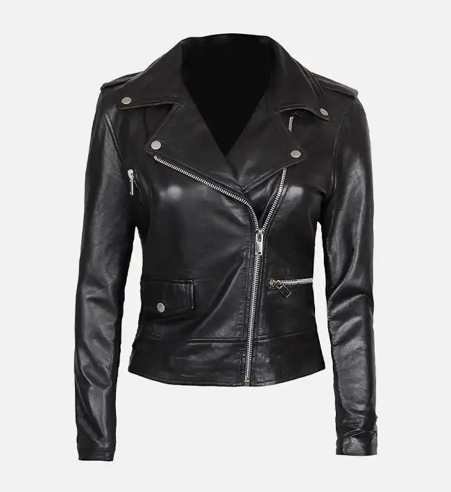 womens asymmetrical black leather biker jacket
