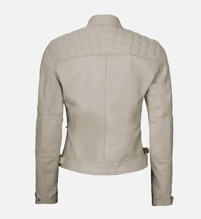 womens beige cafe racer diamond leather jacket
