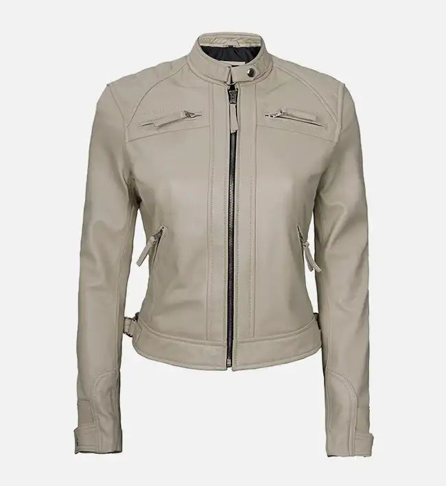 womens beige diamond cafe racer leather jacket