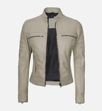 womens beige leather cafe racer jacket
