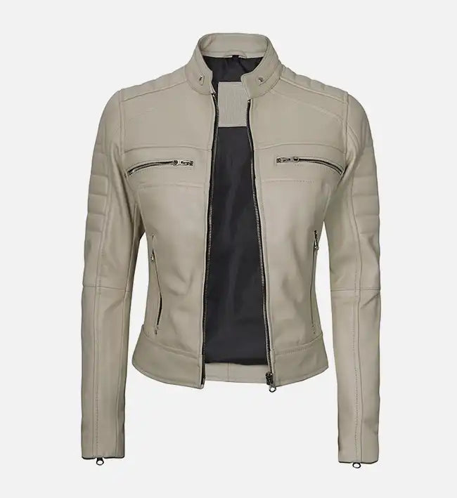 womens beige leather cafe racer jacket
