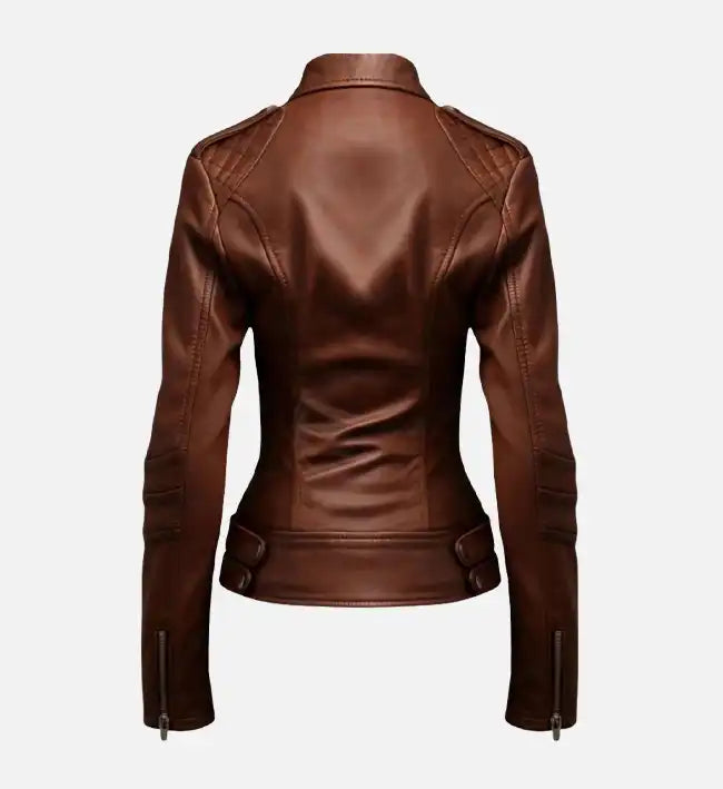 womens bike style leather brown jacket
