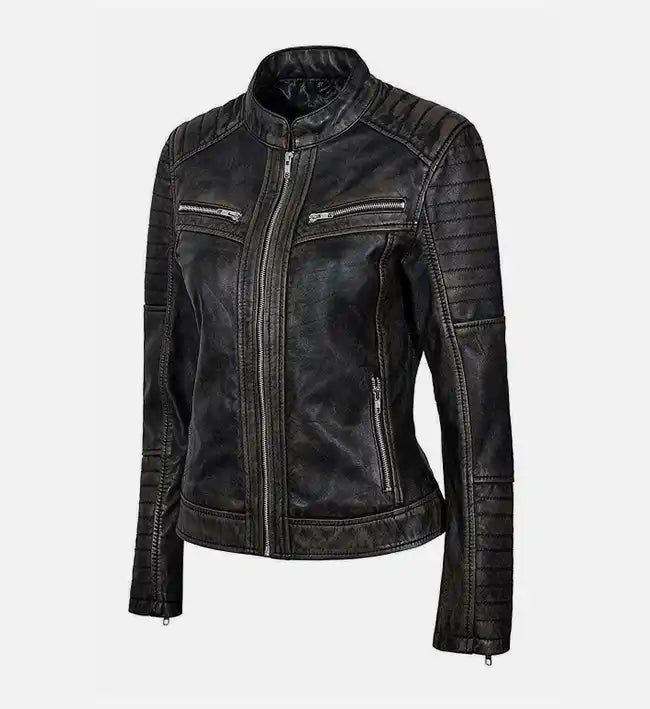 womens leather black vintage biker jacket
