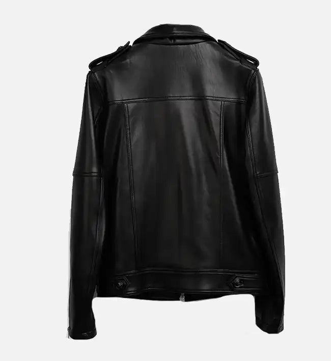 womens biker zip up black leather jacket
