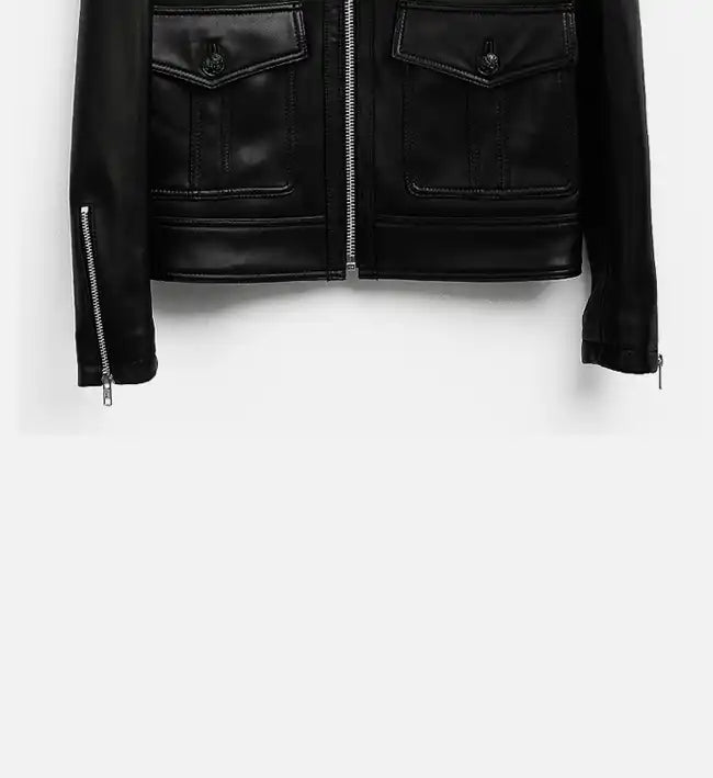 womens black biker zip up leather jacket
