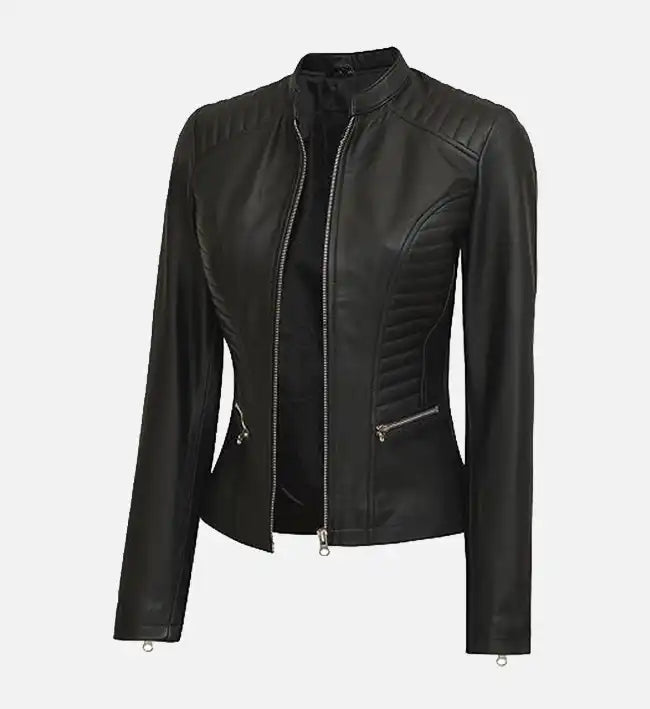 womens black cafe racer leather jacket
