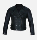womens double breasted black leather jacket

