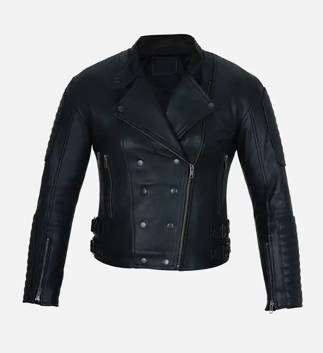 womens double breasted black leather jacket
