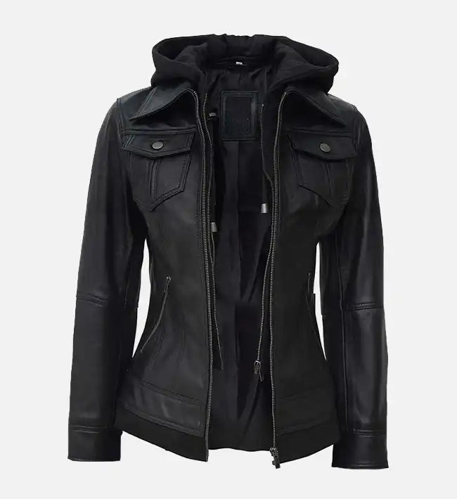 black leather jacket with hood for women
