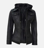 black leather jacket with hood for women
